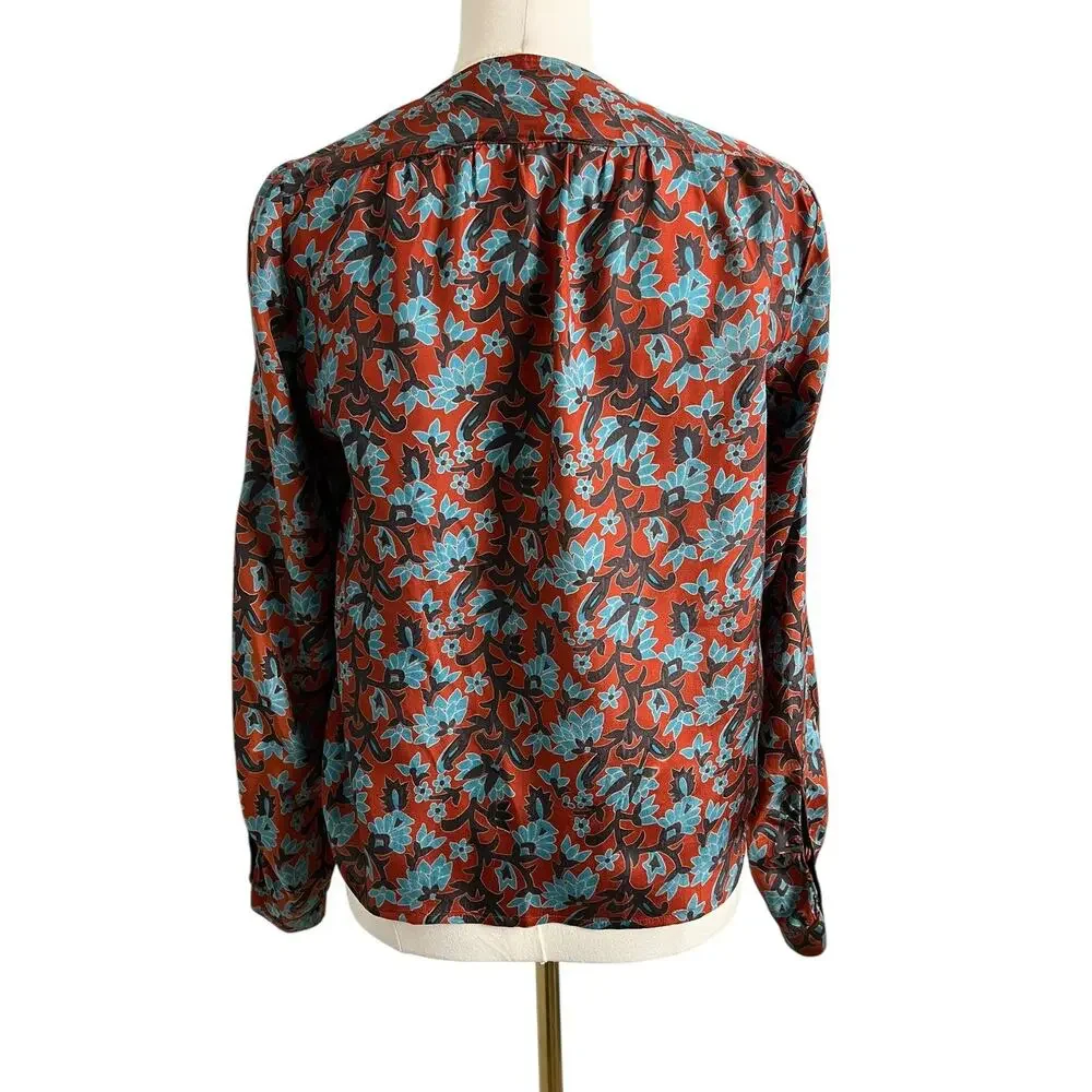 Calypso Christiane Celle Blouse Womens Small Orange Silk Floral V Neck Top